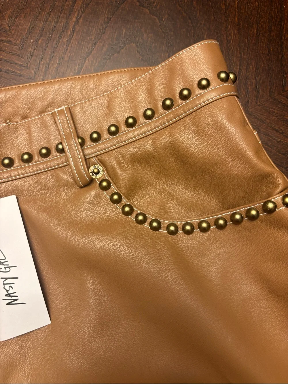 NWT Nasty Gal Tan Premium Faux Leather Studded Shorts- Size 12 - Picture 3 of 7